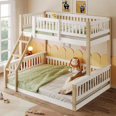 Image de OKWISH Lit Superposé 90x200 cm/140x200 cm - Lit Superposé Enfant avec Sécurité et Échelle, sans Matelas, en Bois, Blanc et Naturel