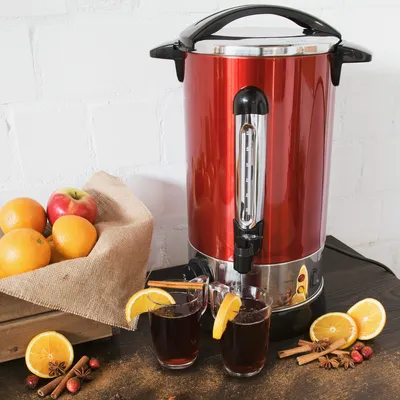 Produktbild von Navaris Glühweinkocher Heißwasserspender aus Edelstahl - 10l - mit Thermostat Füllstandanzeige Zapfhahn - Glühwein Heißgetränkeautomat Rot