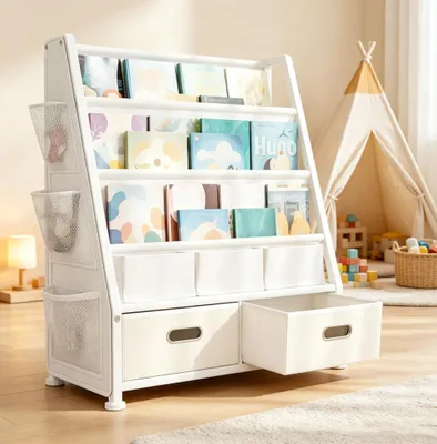 Produktbild von Bücherregal Kinder,Montessori Kinderregal,Spielzeug Aufbewahrung mit 3 Hängetaschen und 2 Boxen, für Spielzimmer,Kinderzimmer, Klassenzimmer,Weiß