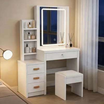 Produktbild von Schminktisch Weiß mit Spiegel & Hocker, LED-Beleuchtung, 4 Schubladen, 135x80x36cm