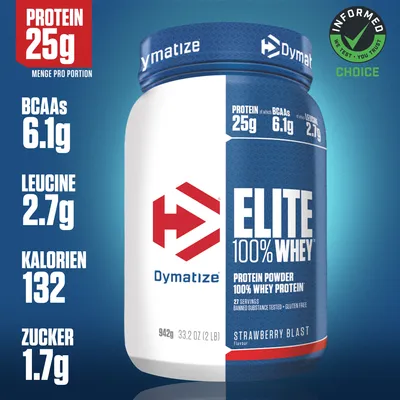 Produktbild von DYMATIZE Whey Protein Pulver Shake Hydrolysat Elite 100% Isolat Strawberry Blast 942 g