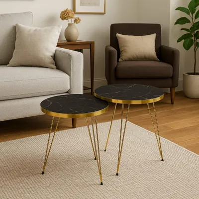Produktbild von Moderner Satztisch, 2er-Set, Marmormuster, Couchtisch, rund, Beistelltisch und Endtisch, Wohnzimmermöbel, Schwarz
