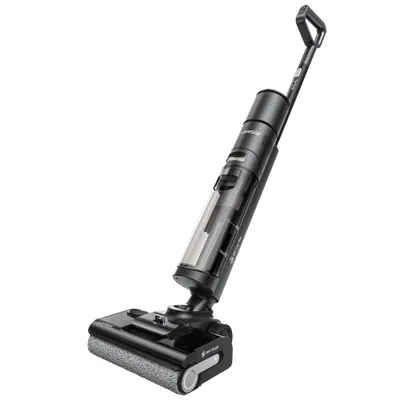 A black and gray wet dry vacuum cleaner is shown against a white background.
