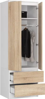 Produktbild von BDW, Kleiderschrank 2 Türen 2 Schubladen, 180x60x51 cm, Weiß / Eiche Sonoma