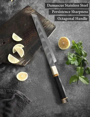 Zdjęcie produktu dla Nóż Sakimaru lub Yanagiba 10 cali Z ośmiokątną rękojeścią z hebanu i bawolego rogu Nóż do łososia i filetowania do sushi i ryb Nóż ze stali nierdzewnej Damascus 33 warstwy bardzo ostry 39 cm