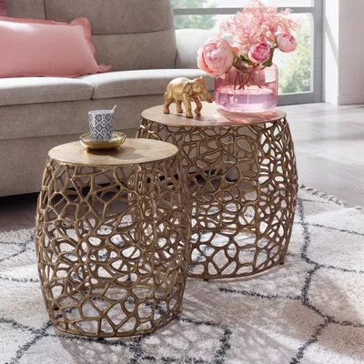 Produktbild von FineBuy Beistelltisch 2er Set Aluminium Gold Design Satztisch Metall Rund, Wohnzimmertisch Couchtisch Ast-Struktur, Dekotisch 2-teilig Wohnzimmer