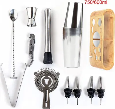 Image de pack de 12 shakers de cocktail en acier inoxydable 750ml / 600ml Set de shakers de bar avec étagère en bois