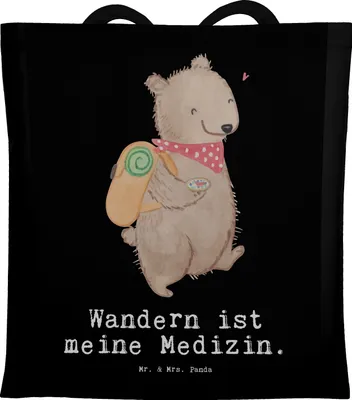 Produktbild von Mr. & Mrs. Panda Tote Bag Bär Wandern - Schwarz - Geschenk, Schultasche, Outdoor Sport, Einkaufstasche, Uni Tasche, Shopping, Bergsteigen, Natur Entdecken, Spazieren