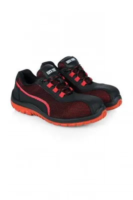 A pair of black and red safety shoes.