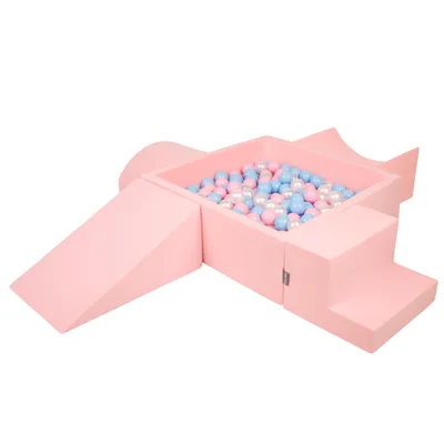 Obrázok produktu pre KiddyMoon Mäkké penové ihrisko pre deti s Štvorec loptičkovým ihriskom (200 ∅ 7 cm) s mäkkými prekážkami a loptičkovým bazénom,  vyrobené v EÚ, Ružová: Babyblue/Púdrovo ružová/Perla, Verz