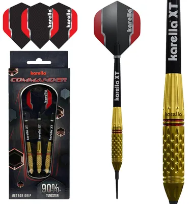 Produktbild von Karella Softdart Commander Gold 90% Tungsten 18g, elektronische Dartscheibe, 3 Dartpfeile mit Kunststoffspitze, Dartautomat, Wolfram, Profidart mit Flight und Shaft