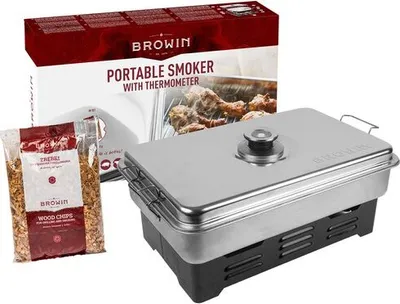 A portable smoker, a bag of wood chips, and the product's packaging are displayed against a white background.