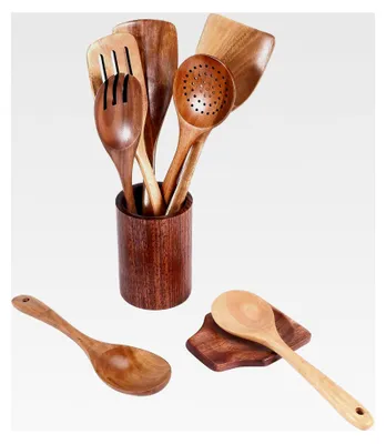 Produktbild von 9-teiliges Set Holzlöffel aus Teakholz mit Utensilienhalter, hitzebeständige Holzutensilien für Antihaftpfannen und Küchenbedarf