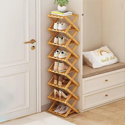 Produktbild von Schuhregal Bambus klappbar vertikal schmal 8 Ebenen für kleine Räume