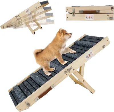 Produktbild von Hunderampe 80 cm, Klappbare Katzenrampe, Höhenverstellbare Hundetreppe für Auto, Rutschfeste Hunderampe für Bett, Holz