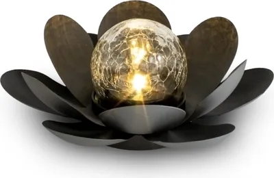 Produktbild von LED Solar Lotusblüte schwarz mit Crackleglas Kugel - 24 x 10 cm - Garten Deko Kugelleuchte im Blumen Design - Gartenkugel Dekoleuchte Lotus Solarlampe Bruchglas