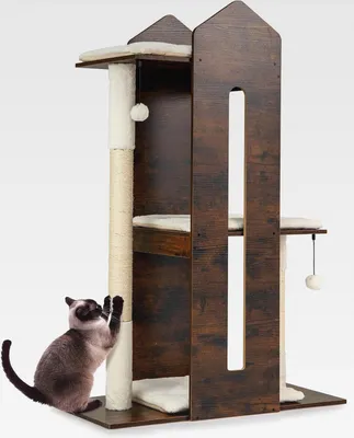 Produktbild von Kratzbaum Holz, 120 cm, Katzenbaum mit Kratzsäule, 3 Plattformen, Bällen & abnehmbaren Kissens, Katzenkratzbaum Katzen, Kletterbaum Aktivitätsbaum, Vintagebraun