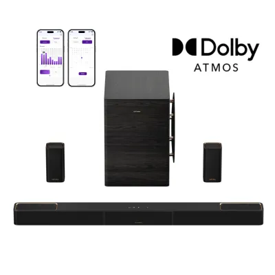 Imagen del producto de ULTIMEA Skywave Series 5.1.4: Barra de sonido profesional con Dolby Atmos, sistema de sonido envolvente 5.1.4 con subwoofer de 8" y 2 altavoces traseros inalámbricos