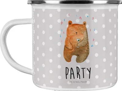 Produktbild von Mr. & Mrs. Panda Pott Bär Party - Grau Pastell - Geschenk, Geburtstagsgeschenk, Campingtasse, Geburtstag, Lustig, Haferl, Teetasse, Teddy, Outdoor Tasse, Feiern, Emaille