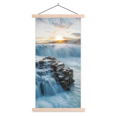 Obrázek produktu pro MuchoWow® Textilní plakát - Vodopád - Voda - Kameny - Slunce - Příroda - 90x180cm - S hnědými lamelami