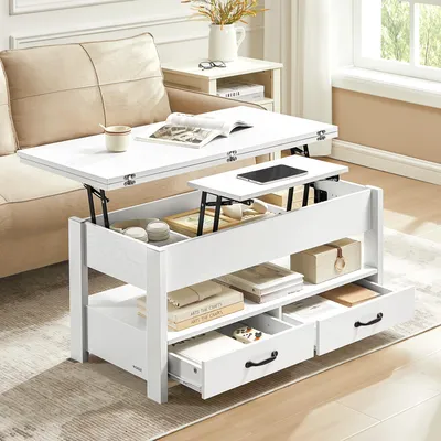 A white lift-top coffee table with storage is shown in a living room setting next to a sofa.