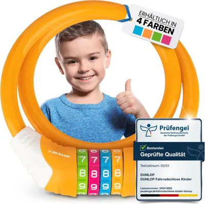 Produktbild von DUNLOP Fahrradschloss Kinder Fahrrad Schloss - Sicherheitsstufe 5 Zahlenschloss mit 4 Farb Einteilung zum besseren Merken der Kombination I Bike Fahrradschloß Lock für Kinder (Orange)