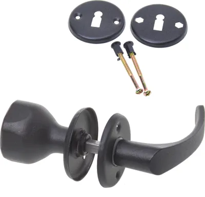 A set of black door handles and related hardware, including two keyhole escutcheons and two screws, are displayed against a white background.