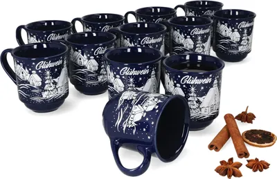 Zdjęcie produktu dla zestaw 12 kubków do grzanego wina 0,2 l, ciemnoniebieskie, ceramiczne kubki do grzanego wina z bożonarodzeniowym krajobrazem, kalibrowane