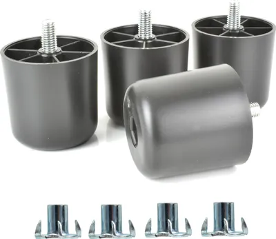 A set of black plastic furniture feet with silver threaded bolts and a set of silver T-nuts are displayed on a white background.