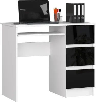 Image de Akord Bureau 3 Tiroirs Ordinateur Droit Blanc/Noir Brillant 90X50X77
