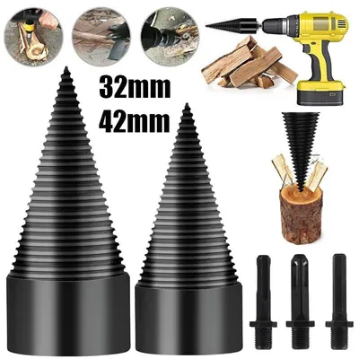 Produktbild von Bohrkegel Holzspalter Bohrer-Set, 32mm+42mm Holzspalter Bohrer mit 3 Bohrgriffe, Spaltholzkegel Holzspalterbohrer zum Holzspalten für Bohrmaschine