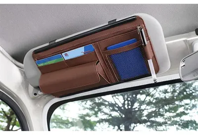 Image de Organisateur pour pare-soleil de voiture, en cuirPolyuréthanemarron, pour cartes, stylos et lunettes