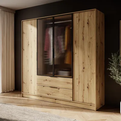 Produktbild von 200 cm breite Schrank Jolie IV Eiche Artisane Garderobenschrank mit Glastüren Kleiderschrank mit 4 Scharniertüren Drehtürenschrank mit 2 Schubladen, Farbe: Eiche Artisan