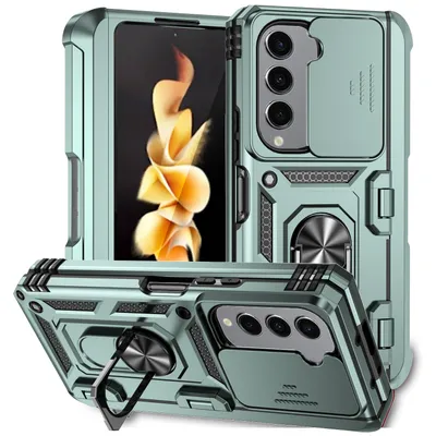 Immagine prodotto di Custodia per Samsung Galaxy Z Fold 5 a doppio strato con copertura scorrevole della fotocamera e supporto ad anello verde
