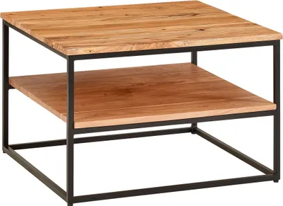 Produktbild von Couchtisch 60x60x41 cm Massivholz Metall Sofatisch Wohnzimmertisch Akazie | Stubentisch Industrial mit Stauraum | Holztisch Quadratisch Kaffeetisch Massiv