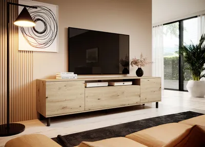 Produktbild von TV-Schrank 180 cm, Fernsehtisch, Lowboard, Eiche Artisan Matt, Runde schwarze Metallfüße, Modernes Design, "Masimo"