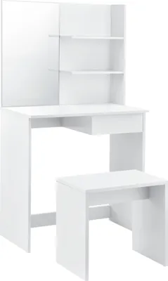 A white vanity table with a mirror and a matching stool, set against a white background.