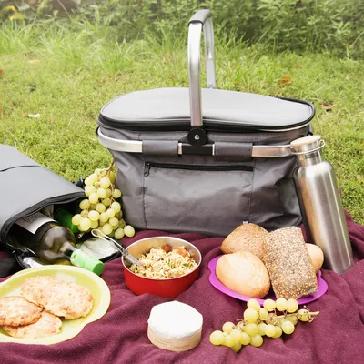 Produktbild von Navaris Thermo Einkaufskorb Kühltasche faltbar - 27L Kühlkorb Picknickkorb Isolier Korb - 43x26cm Einkaufstasche Coolerbag auslaufsicher in Grau