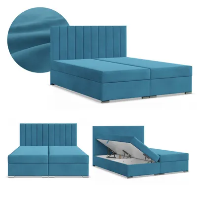 Produktbild von Boxspringbett 140x200 mit 2 Bettkästen Kontinentales Bett Bonell Matratze Polsterbett Doppelbett Kopfteil Samtstoff Blau Meeresfarbe AGEN 140 x 200