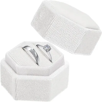 Imagen del producto de Caja para anillos, de terciopelo, hexagonal, con 2 compartimentos, color blanco, para anillos