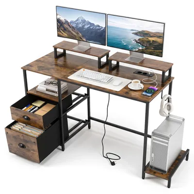 Productafbeelding van COSTWAY Bureau, 120x48x87 cm, computerbureau met stopcontacten, CPU-houder, lades, plank, zijhaken en verstelbare voetsteunen, gaming bureau