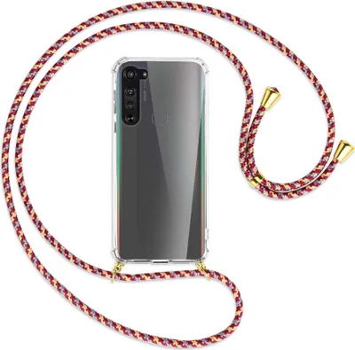 Produktbild von Handykette Backcover-Schutzhülle mit Band (Metall goldfarben) für Motorola Edge - weinrot/gelb/grau