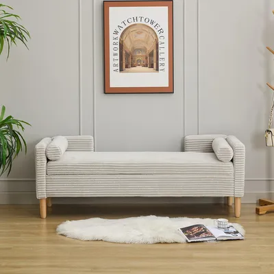 Zdjęcie produktu dla Aksamitna pufa z schowkiem, podłokietnikami i oparciem, 2 poduszki na kółkach, 153 x 52 x 58 cm, szara