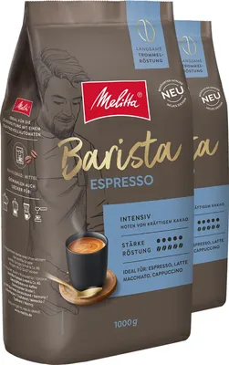 Two bags of Melitta Barista Espresso coffee beans are shown, with one bag in the foreground and another slightly behind it.