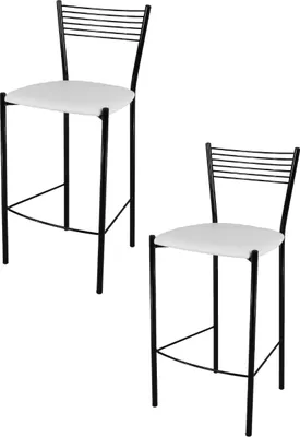 Produktbild von t m c s Tommychairs - 2er Set moderne Barhocker ELEGNACE für Küche und Esszimmer, robustes Gestell aus lackiertem Stahl, Farbe Schwarz, gepolsterte Sitzfläche mit KUNSTLEDER in der Farbe Weiss bezogen