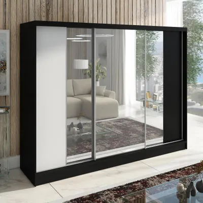 Produktbild von Schwebetürenschrank, 3 -türig Schrank 200 cm mit Spiegel VIDA (Schwarz , weiß , schwarz)