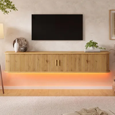 Productafbeelding van Merax wandmeubel voor de televisie met LED-verlichting, zwevend TV-meubel met schuifdeuren en gouden metalen handgrepen, TV-kast met ribbels van MDF, naturel