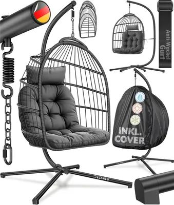Image de Fauteuil suspendu ELONEO avec support, fauteuil à bascule confortable pour l'intérieur et l'extérieur, balancelle suspendue, supportant jusqu'à 160 kg - Anthracite