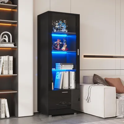 Image de OKWISH Vitrine Noire avec Éclairage LED 16 Couleurs - Meuble de Salon avec 3 Étagères en Verre Trempé et Portes Acryliques, MDF, 50×35×160 cm