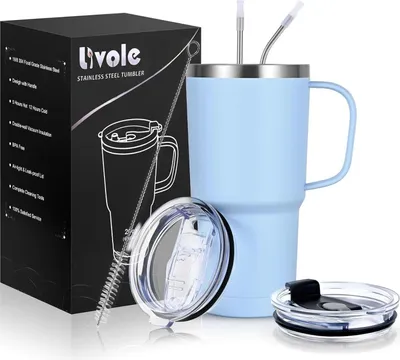 Obrázek produktu pro Termohrnek Livole 600 ml s uchem a brčkem, nerezová ocel, dvoustěnný, světle modrý 600 ml